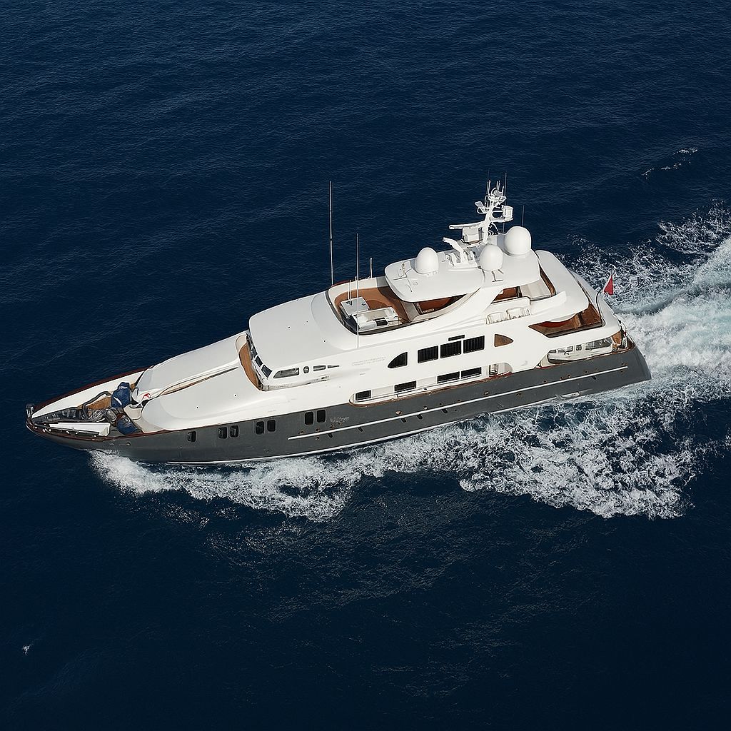 The Aqua Mare superyacht at anchor, the top end of Galapagos cruising