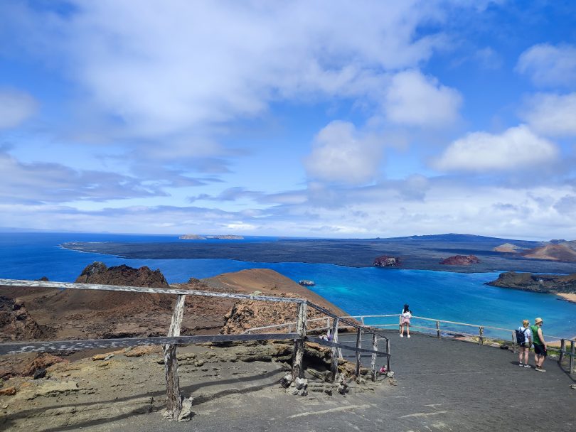 Pinnacle Rock and the bay on Bartolomé Island, a stop on the central and northern routes