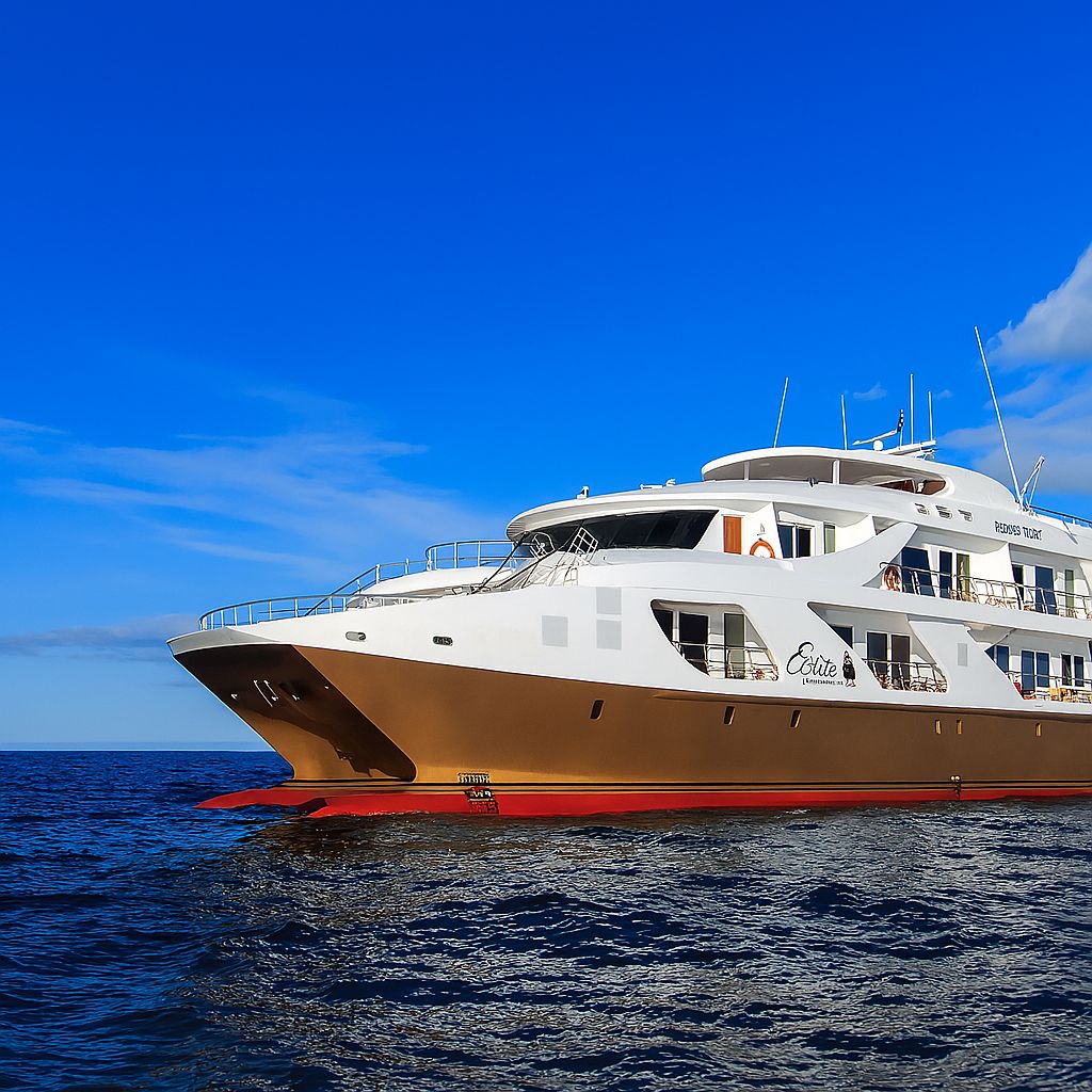 Modern Elite Galápagos catamaran with panoramic windows and private balconies during our agency’s luxury cruise