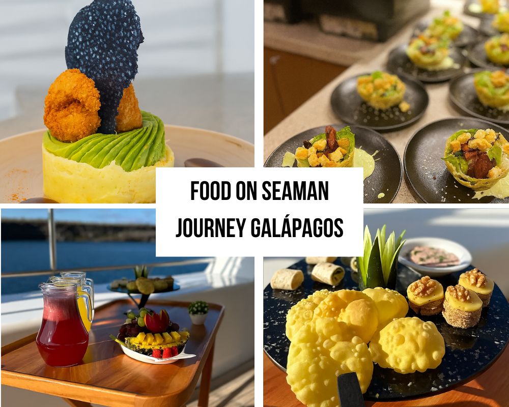 Essenpräsentation an Bord der Seaman Journey mit farbenfrohen Vorspeisen, Obst und Getränken während einer Galápagos-Kreuzfahrt, organisiert von unserer Agentur