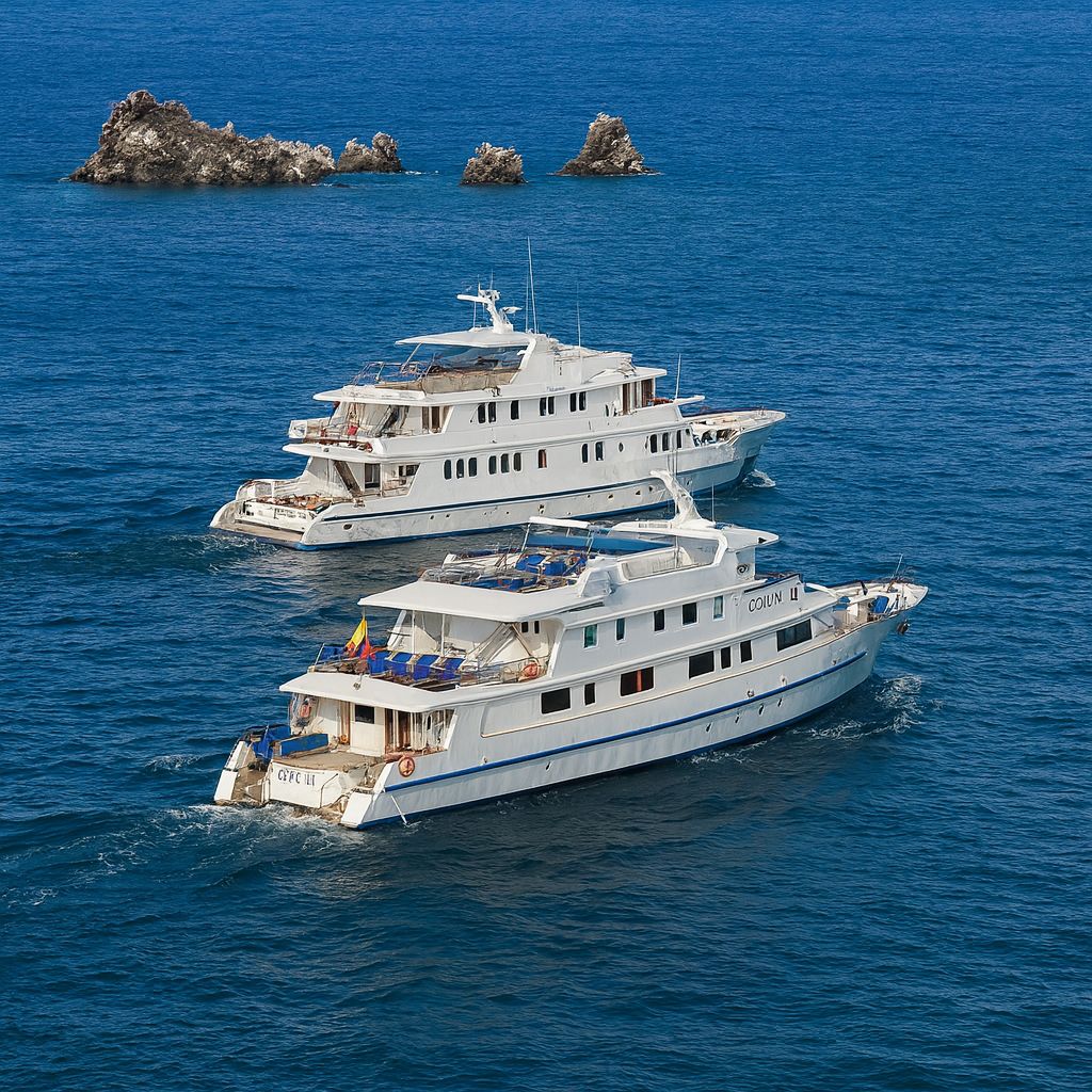 Aerial view of Coral I and Coral II Galapagos cruise vessels traveling across the Pacific Ocean during a May expedition with Cruises to Galapagos Islands