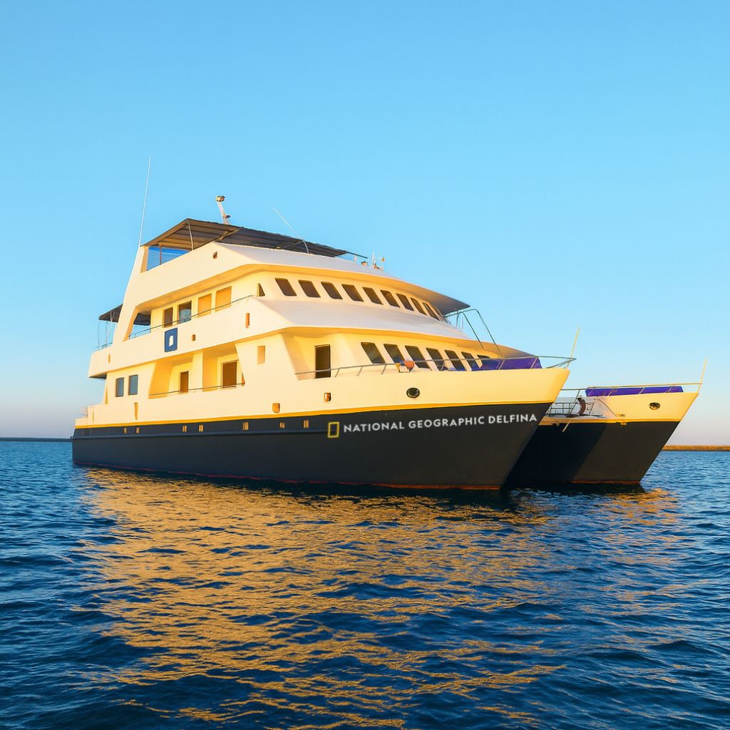 Delfina Galapagos Cruise catamaran sailing on calm ocean waters during a March Galapagos Islands voyage with Cruises to Galapagos Islands