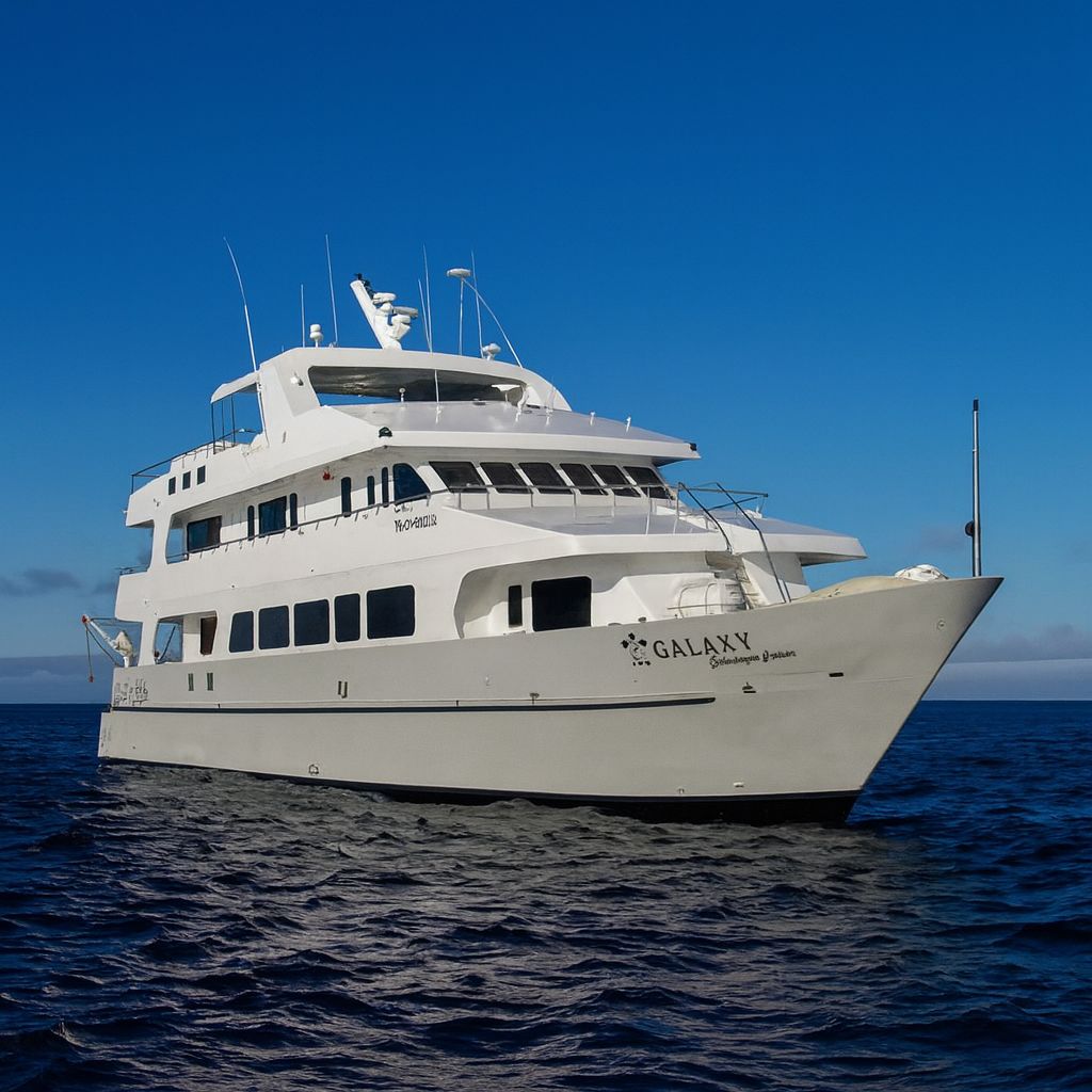 Galaxy Galapagos Cruise yacht sailing across the Pacific Ocean during a May expedition with Cruises to Galapagos Islands