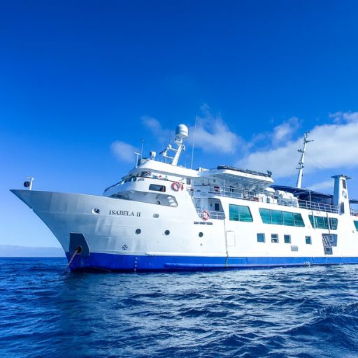 Scenic view of the Isabela II Galapagos Cruise ship on the water during a January expedition organized by Cruises to Galapagos Islands