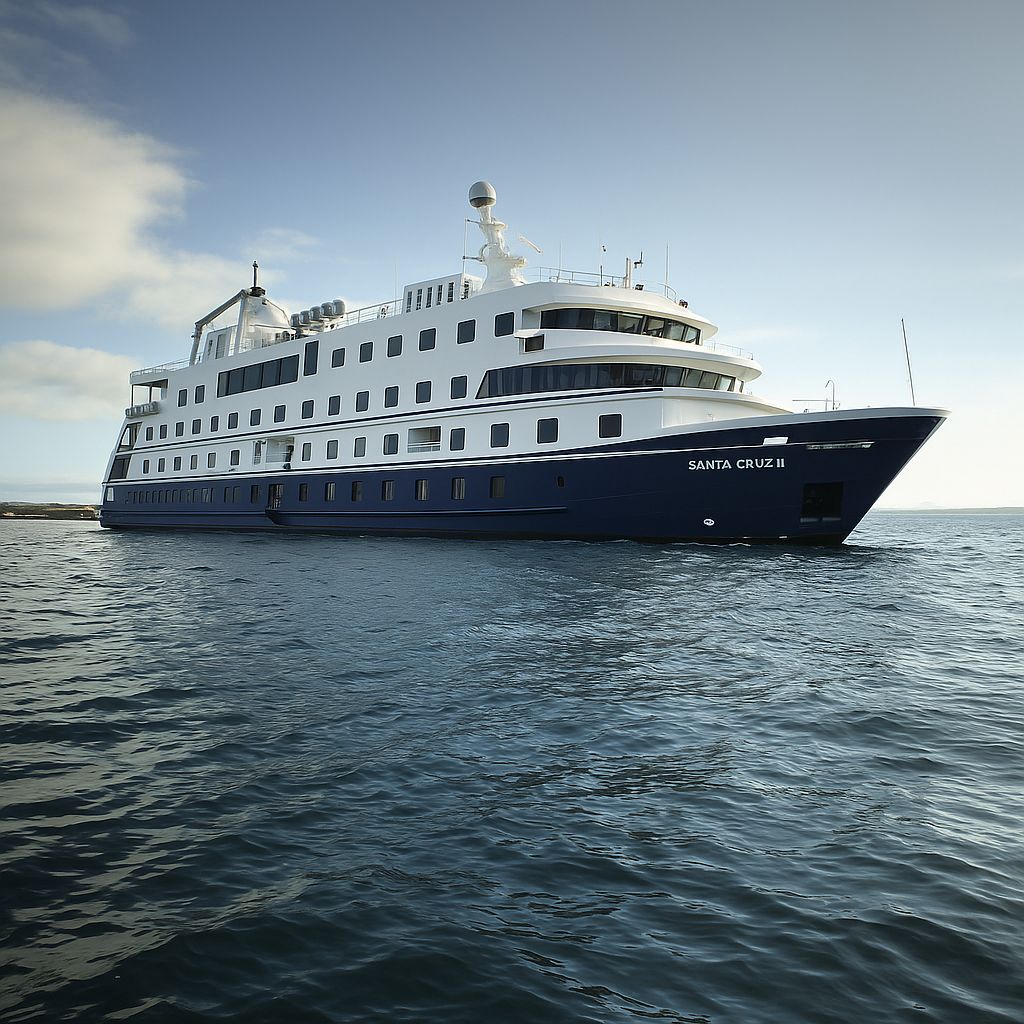 Santa Cruz II luxury cruise on calm ocean waters during a Galapagos Islands voyage in April with Cruises to Galapagos Islands