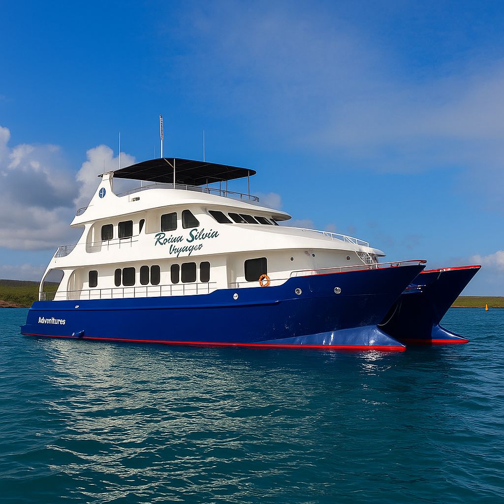 The Reina Silvia Voyager Galapagos cruise vessel anchored near the islands during a May expedition with Cruises to Galapagos Islands
