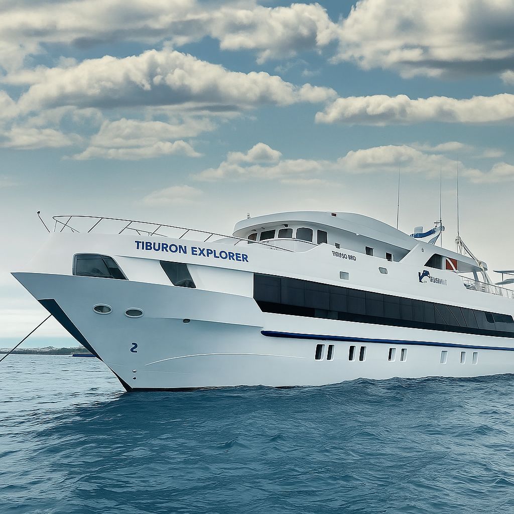 Luxury Tiburon Explorer Galapagos Cruise sailing through the Galapagos Islands in excellent weather during a tour with Cruises to Galapagos Islands